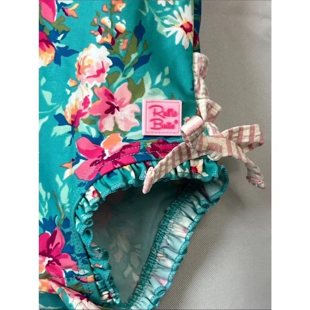 RuffleButts green and pink floral back zipper rash guard one piece swim 6-2 m